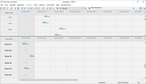 Figure A: CREWS Short-term Scheduler showing an unsolved problem with 324 unplanned duties (4 of them visible) and a set of 44 rosters (6 of them visible) that have duties assigned until Sunday 08/31 and no duties assigned from that date on.